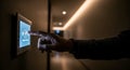 Close-up of a persons finger touching a modern touchscreen interface on a wall in a dimly lit corridor Royalty Free Stock Photo