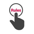 Hand presses the button with text `Rules`