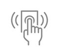 Hand presses the doorbell line icon. Ring the door bell symbol