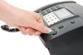 The hand presses the fax button Royalty Free Stock Photo