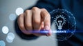Hand pressing a Generate lightbulb icon within a digital network sphere Royalty Free Stock Photo