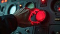 Hand presses launch button. Close-up scene of nuclear missile control panel before doomsday. Apocalypse, destruction, threat, Royalty Free Stock Photo