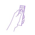Hand presses the remote control button. Outline sketch