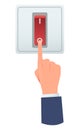 Hand presses switch with its finger. Turning electricity on and off. Electric power toggle button. Electrical voltage start turner Royalty Free Stock Photo