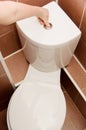 Hand presses the toilet bowl button Royalty Free Stock Photo