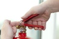 Hand presses the trigger fire extinguisher Royalty Free Stock Photo