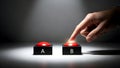 Hand pressing button B over button A, representing choice, decision making, A B testing, options, and selection. Royalty Free Stock Photo