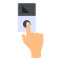 Hand pressing black button on modern intercom device