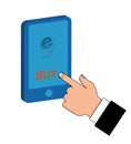 Hand pressing a buy button on mobile phone. E-commerce concept. Vector illustration