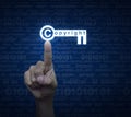 Hand pressing copyright key icon over computer binary code blue Royalty Free Stock Photo
