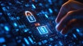 Hand Pressing Digital Security Lock on Blue Cyber Network Background with Data Flow Royalty Free Stock Photo