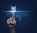 Hand pressing document icon over digital world map blue background, Elements of this image furnished by NASA Royalty Free Stock Photo