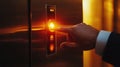 A hand pressing the elevator button in a modern building during evening hours Royalty Free Stock Photo