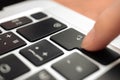 Hand pressing enter key on modern laptop keyboard. Enter sign and symbol close-up Royalty Free Stock Photo