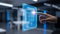 Hand pressing glowing holographic authentication screen with numeric keypad in modern setting Royalty Free Stock Photo