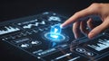 Hand pressing a glowing play button on a futuristic digital interface with data analytics charts Royalty Free Stock Photo