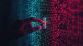 A hand presses a glowing switch embedded in a wall of binary code, symbolizing data control, cybersecurity, and encryption. Royalty Free Stock Photo