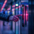 Hand pressing illuminated digital elevator control panel at night Royalty Free Stock Photo