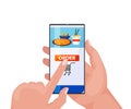 Hand pressing order button on smartphone app for food delivery. Online order of pizza and drinks with a shopping cart