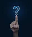 Hand pressing question mark sign icon over blue background, Customer support concept Royalty Free Stock Photo