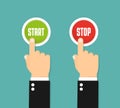 Hand pressing the red button. Flat style . Start and stop Royalty Free Stock Photo
