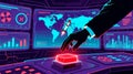Hand pressing red button on futuristic control panel with world map and rocket launch Royalty Free Stock Photo