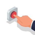Hand pressing red button. Push finger. Vector illustration flat design. Royalty Free Stock Photo