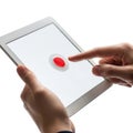 Hand pressing red button on tablet screen isolated on white background Royalty Free Stock Photo