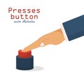 Hand pressing red button. Vector illustration in flat design Royalty Free Stock Photo