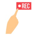 Hand pressing red record button. Recording concept with finger and REC sign. Multimedia and video production vector