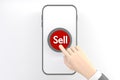 Hand pressing the red sell button on white background.3D rendering Royalty Free Stock Photo