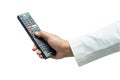 Hand pressing remote control TV television with clipping path. Royalty Free Stock Photo