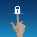 Hand pressing security key button on virtual screen, Technology Royalty Free Stock Photo