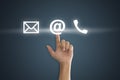 Hand pressing telephone, email button icon Royalty Free Stock Photo