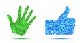 Hand print pixel texture. Pixelated thumb up. Like icon. Vector illustration.