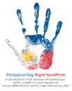 Hand print of the right hand in the colors of the flag of Philippines, red-blue-white flag with yellow sun Royalty Free Stock Photo
