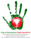 Hand print of the right hand in the colors of the flag of Bangladesh, green flag with red round Royalty Free Stock Photo