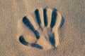 Hand print in sand on sunny day Royalty Free Stock Photo