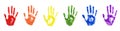 Hand print set in LGBTQ community rainbow flag color on white background isolated closeup, handprint diversity illustration