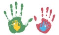 Hand prints of family. Texture of handprints of mother, father and two children. Human fingers and palm of hands. Vector
