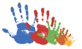 Hand prints of large family. Texture of handprints of mother, father and three children. Human fingers and palm of hands. Vector