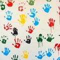 Hand prints in many colors on a white wall Royalty Free Stock Photo