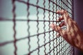 Hand of prisoner holding rustic metal fence with pattern shadow, criminal locked in jail, dream of freedom concept Royalty Free Stock Photo