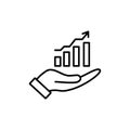 Growth revenue icon in flat style. Diagram with hand vector illustration on white isolated background. Finance increase