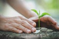 Hand protect money stack with plant growing on coins. saving money coins, Hands that are taking care of trees on coins, concept Royalty Free Stock Photo