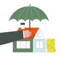 Hand protecting a house with umbrella, mortgage loan insurance