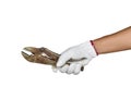 A hand with protection glove holding locking pliers Royalty Free Stock Photo