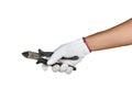 A hand with protection glove holding pliers Royalty Free Stock Photo