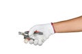 A hand with protection glove holding pliers Royalty Free Stock Photo