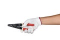 A hand with protection glove holding Wire stripping and cutting Royalty Free Stock Photo